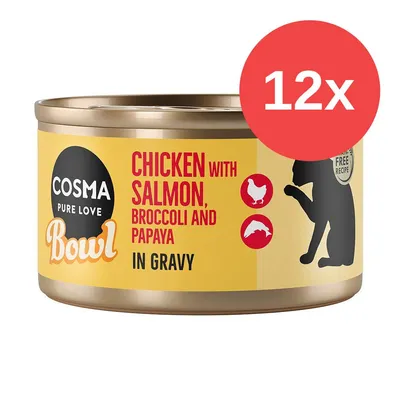 Cosma Pure Love Bowl, Chicken with Salmon, Broccoli and Papaya in Gravy, confezione 12x. Testo e immagini di pollo e pesce visibili sulla lattina.