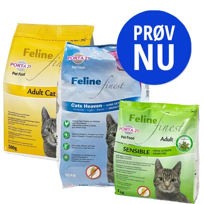 Tre poser kattefoder: Porta 21 Feline Finest Adult Cat 500 g, Cats Heaven 10 kg og Sensible Adult 2 kg. Blå cirkel med teksten PRØV NU.