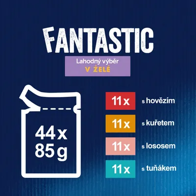 FANTASTIC Lahodný výběr V ŽELÉ, 44×85 g: 11× s hovězím, 11× s kuřetem, 11× s lososem, 11× s tuňákem. Text v češtine.