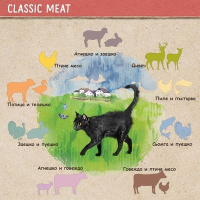 Илюстрация с черна котка и различни видове месо: агнешко и заешко, птиче месо, дивеч, пиле и пъстърва, патешко и телешко, заешко и пуешко, сьомга и пуешко, говеждо и птиче месо.