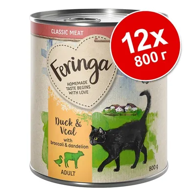 Feringa Duck & Veal with broccoli & dandelion, Adult, 12×800 г. Консерва за котки с изображение на черна котка и текст: Classic Meat, Homemade taste begins with love. Feringa Duck & Veal with broccoli & dandelion, Adult, 12×800 г. Консерва за котки с изображение на черна котка и текст: Classic Meat, Homemade taste begins with love.