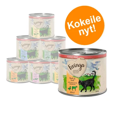 Feringa Classic Meat -kissanruokapurkkeja eri makuja, etualalla Duck & Veal 200 g. Oranssi ympyrä: Kokeile nyt!