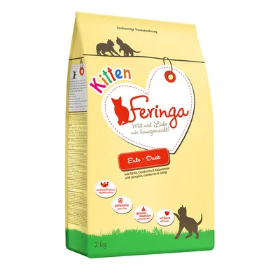 Feringa Kitten tørfoder, variant and med græskar, tranebær og katteurt. Egenskaber: kornfri, værdifuldt protein, optimal vækst, med taurin. Pakningsstørrelse: 2 kg.