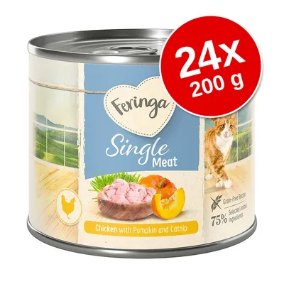 Conservă Feringa Single Meat, Chicken with Pumpkin and Catnip, 24x200 g. Imagine cu pisică, dovleac și carne de pui pe etichetă. Text vizibil: Grain-Free Recipe, 75% Selected Animal Ingredients.
