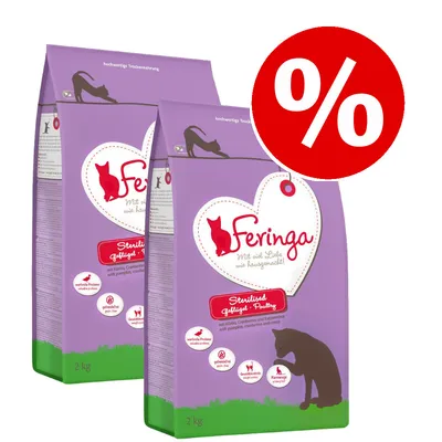 Dos sacos de pienso Feringa Sterilised Geflügel Poultry de 2 kg cada uno, con oferta destacada por símbolo de porcentaje en rojo. Dos sacos de pienso Feringa Sterilised Geflügel Poultry de 2 kg cada uno, con oferta destacada por símbolo de porcentaje en rojo.