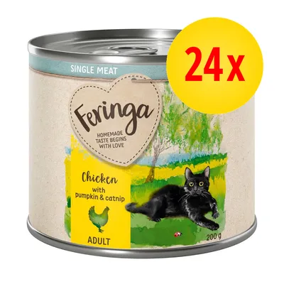 Feringa Chicken with pumpkin & catnip ADULT, 200 g, zestaw 24x. Na etykiecie czarny kot i napis SINGLE MEAT. Widoczna puszka karmy dla kotów.