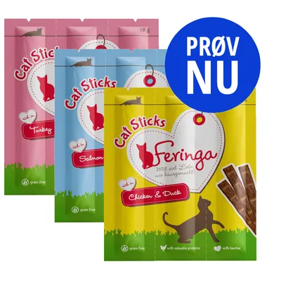 Feringa Cat Sticks, synlige varianter: Turkey, Salmon, Chicken & Duck. Tekst på blå cirkel: PRØV NU. Pakker viser kornfri og med taurin. Synlige stænger på forsiden.