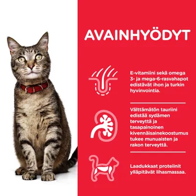 Avainhyödyt: E-vitamiini ja omega-rasvahapot edistävät ihon ja turkin hyvinvointia, tauriini sydämen terveyttä, kivennäiset munuaisten ja rakon terveyttä, proteiinit ylläpitävät lihasmassaa.