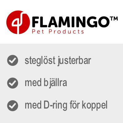 FLAMINGO Pet Products. Steglöst justerbar, med bjällra, med D-ring för koppel.