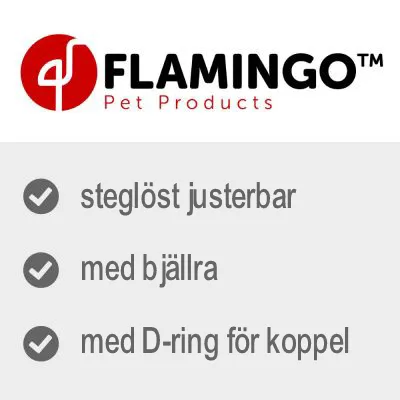 FLAMINGO Pet Products. Steglöst justerbar, med bjällra, med D-ring för koppel.