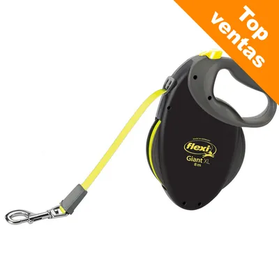 Correa extensible Flexi Giant XL 8 m, color negro y amarillo, con asa ergonómica y mosquetón metálico. Texto visible: 'Top ventas' en la esquina superior derecha.