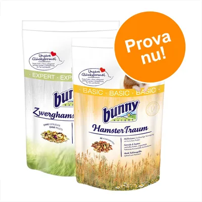 Två förpackningar Bunny Nature hamsterfoder: 'ZwergHamster' och 'HamsterTraum'. Stor orange cirkel med texten 'Prova nu!'. Synlig tysk text på båda förpackningarna.