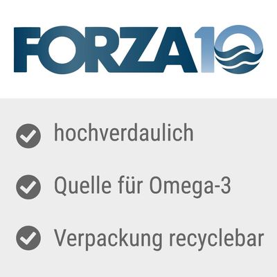 Forza10. Hochverdaulich, Quelle für Omega-3, Verpackung recyclebar.