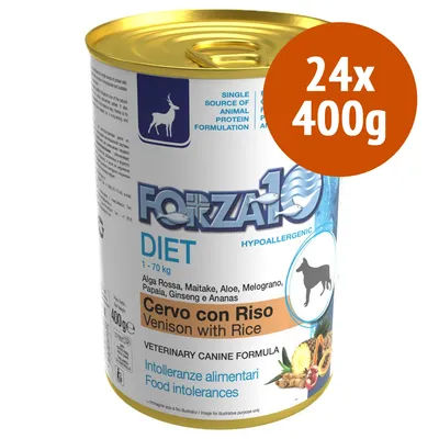 Forza10 Diet Cervo con Riso, 24x400g. Alga rossa, maitake, aloe, melograno, papaia, ginseng e ananas. Intolleranze alimentari. Veterinary Canine Formula.