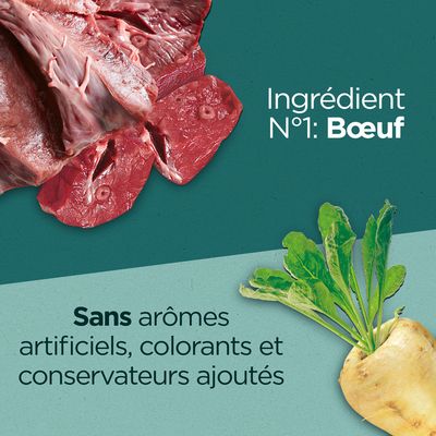 Ingrédient N°1 : Bœuf. Sans arômes artificiels, colorants et conservateurs ajoutés.