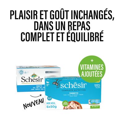 Schesir Complete Nutrition Tonnetto pour chat adulte, filet de thon en gelée, 6 x 50 g, 100 % natural fillets, added vitamins, mini meal.