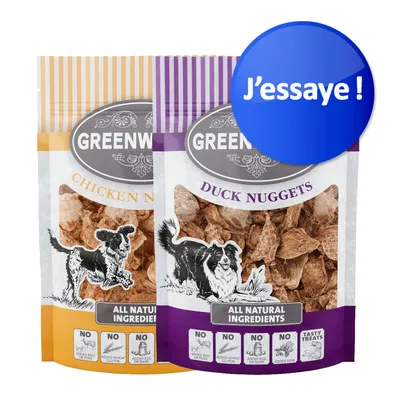 Deux sachets GREENWOODS Chicken Nuggets et Duck Nuggets, ingrédients naturels, sans bœuf, porc, gluten, œuf, produits laitiers ni soja. Pastille bleue avec texte : J’essaie !