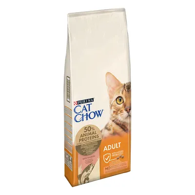 Purina Cat Chow Adult с сьомга, 50% животински протеини, натурални пребиотици, без изкуствени оцветители, аромати и консерванти.