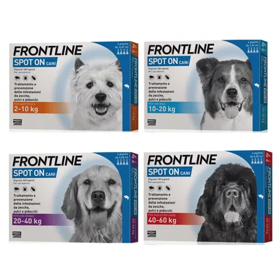 Frontline Spot On Cani, trattamento e prevenzione infestazioni da zecche, pulci e pidocchi. Confezioni per cani 2–10 kg, 10–20 kg, 20–40 kg, 40–60 kg. 4 pipette ciascuna.