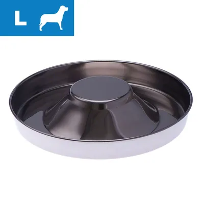 Gamelle en métal pour chien, taille L indiquée par un pictogramme et la lettre L sur fond bleu dans le coin supérieur gauche de l’image.