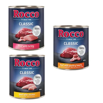 Rocco Classic 6 x 800 g - Mix cu pasăre: Vită și pui, Vită și inimi de pasăre, Vită și curcan
