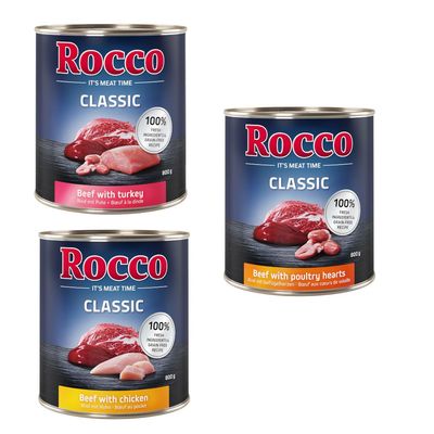 Mieszany pakiet próbny Rocco Classic, 6 x 800 g Pakiet mieszany drobiowy: wołowina/kurczak, wołowina/serca drobiowe, wołowina/indyk
