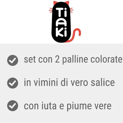 Tiaki, set con 2 palline colorate in vimini di vero salice, con iuta e piume vere