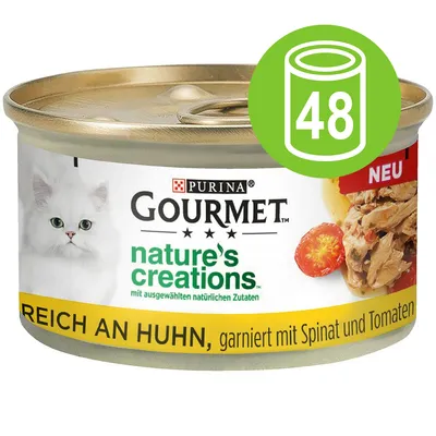 Lata de Purina Gourmet nature's creations, texto visible en alemán: REICH AN HUHN, garniert mit Spinat und Tomaten. Icono verde con número 48 indicando pack de 48 latas. Lata de Purina Gourmet nature's creations, texto visible en alemán: REICH AN HUHN, garniert mit Spinat und Tomaten. Icono verde con número 48 indicando pack de 48 latas.