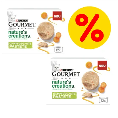 Purina Gourmet nature's creations dampfgegarte Pastete, 12x. To pakker med kattemad og gult procenttegn for tilbud. Synlig tekst: NEU, mit ausgewählten natürlichen Zutaten. Purina Gourmet nature's creations dampfgegarte Pastete, 12x. To pakker med kattemad og gult procenttegn for tilbud. Synlig tekst: NEU, mit ausgewählten natürlichen Zutaten.