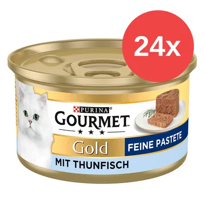 Lata de comida para gatos Purina Gourmet Gold Feine Pastete mit Thunfisch, pack de 24 unidades. Etiqueta con imagen de gato blanco y paté en plato.