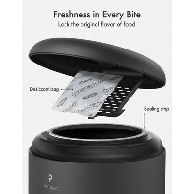 Pojemnik PETLIBRO z otwartą pokrywą, widoczna torebka pochłaniacza wilgoci OXO greensaver oraz uszczelka. Opisy: Desiccant bag, Sealing strip. Tekst: Freshness in Every Bite.