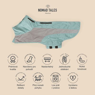 Nomad Tales München psí obleček, text: Prémiová kvalita, Navrženo pro pohodlí, Nastavitelný, Jednoduché oblékání, Nízká hmotnost, Reflexní detaily, Plný rozsah pohybu, Lze prát v pračce, Vyrobeno s láskou.