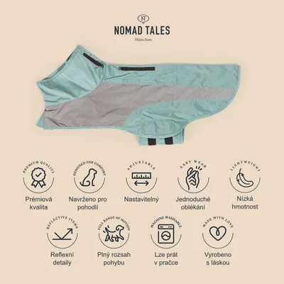 Nomad Tales München psí obleček, text: Prémiová kvalita, Navrženo pro pohodlí, Nastavitelný, Jednoduché oblékání, Nízká hmotnost, Reflexní detaily, Plný rozsah pohybu, Lze prát v pračce, Vyrobeno s láskou.