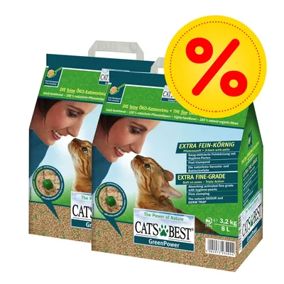 CAT'S BEST GreenPower kissanhiekka, 2 x 8 l pakkaukset, tarjousmerkki. Teksti: EXTRA FINE-GRADE, 3,2 kg, luonnolliset orgaaniset kuidut, paakkuuntuva, hajun- ja bakteerienesto.
