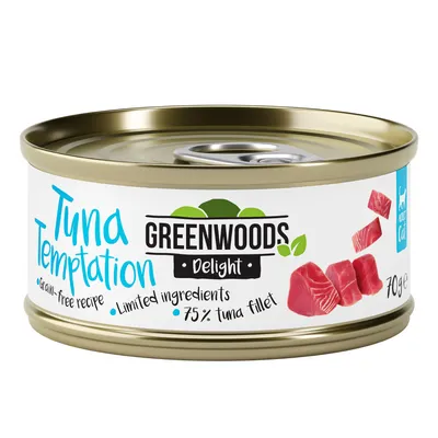 Greenwoods Delight Tuna Temptation, беззърнеста рецепта, ограничени съставки, 75% филе от риба тон, 70g консерва.