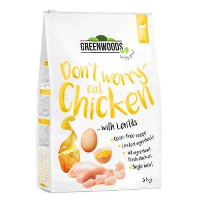 Greenwoods Adult Cat suché krmivo, varianta 'Don't worry eat Chicken with Lentils', bez obilovin, čerstvé kuře jako hlavní složka, omezené ingredience, jedno maso, balení 3 kg.