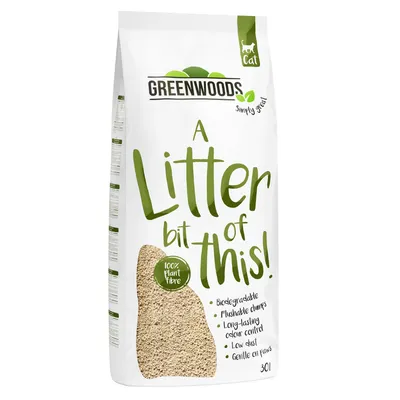 Greenwoods stelivo pro kočky, 100% rostlinná vlákna, biologicky rozložitelné, splachovatelné hrudky, dlouhotrvající kontrola zápachu, málo prachu, šetrné k tlapkám. Velikost balení: 30 l.