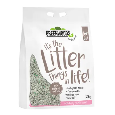 Greenwoods cat litter, 100% natural bentonite, green zeolite, fine granules, gentle on paws, low dust, baby powder scent, 12 kg. Greenwoods cat litter, 100% natural bentonite, green zeolite, fine granules, gentle on paws, low dust, baby powder scent, 12 kg.