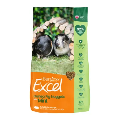 Burgess Excel Guinea Pig Nuggets with Mint, suitable for any age. Features: 92% recommend, added mint, high fibre, antioxidants, vitamin C, prebiotics, supports skin and coat health.