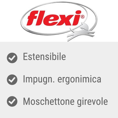 flexi. Estensibile, impugn. ergonomica, moschettone girevole.