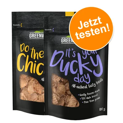 Greenwoods Hundesnacks: 'Do the Chicken' und 'It's your Ducky day', gefriergetrocknet, 97% Entenbrust, getreidefrei. Jetzt testen! Verpackung je 100g.