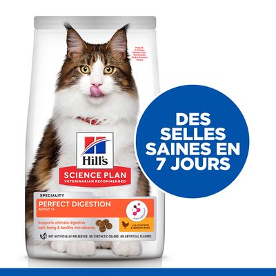 Hill's Science Plan Perfect Digestion Adult 1+ pour chat, avec poulet et riz brun. Texte visible : Des selles saines en 7 jours. Supports ultimate digestive well-being & healthy microbiome.