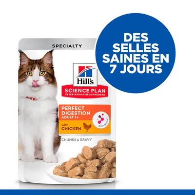Hill's Science Plan Perfect Digestion Adult 1+ with Chicken, Chunks & Gravy. Texte visible : Des selles saines en 7 jours.