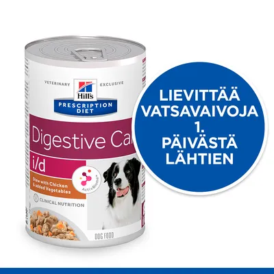 Hill's Prescription Diet Digestive Care i/d koiran märkäruoka, Stew with Chicken & added Vegetables. Teksti: Lievittää vatsavaivoja 1. päivästä lähtien.