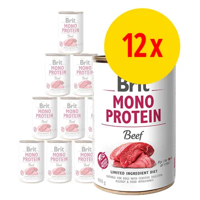 12x Brit Mono Protein Beef, dåse med oksekød, 400 g. Synlig tekst: LIMITED INGREDIENT DIET, GLUTEN FREE, SUITABLE FOR DOGS WITH SENSITIVE DIGESTION, ALLERGY & FOOD INTOLERANCE.