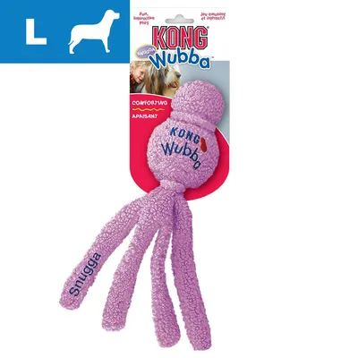 Hračka pro psy KONG Wubba Snugga, velikost L, fialová barva, text na obalu: Fun Interactive Play, COMFORTING, APASANT. Materiál plyš.