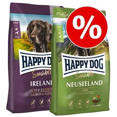 Happy Dog Sensible Trockenfutter, Sorten Ireland mit Lachs & Kaninchen und Neuseeland mit Lamm, für Hunde ab 11kg. Rotes Prozentzeichen für Rabatt sichtbar.