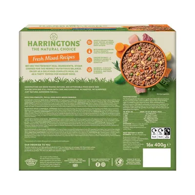 Harringtons Fresh Mixed Recipes product packaging showing ingredient highlights, feeding guide, storage instructions, and pack size of 16 x 400g.