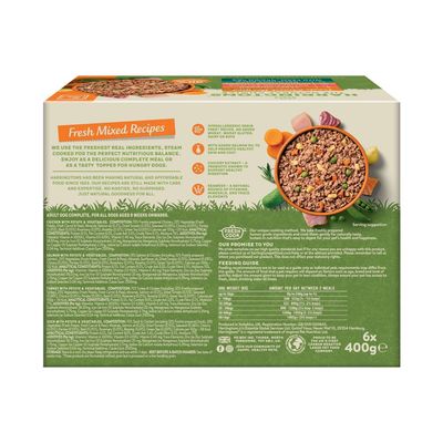 Product packaging showing feeding guide, nutritional information, ingredient highlights, and serving suggestion for fresh mixed recipes. Includes daily portions by dog weight and key product features.