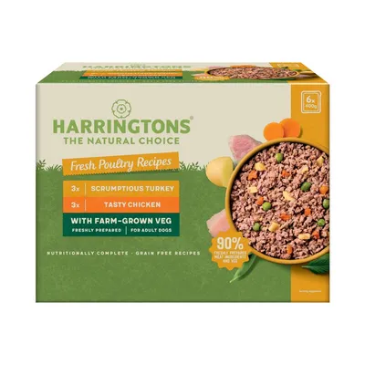 Box showing fresh poultry recipes with 3 scrumptious turkey and 3 tasty chicken meals, farm-grown veg, 90% freshly prepared meat ingredients and veg, grain free, for adult dogs.